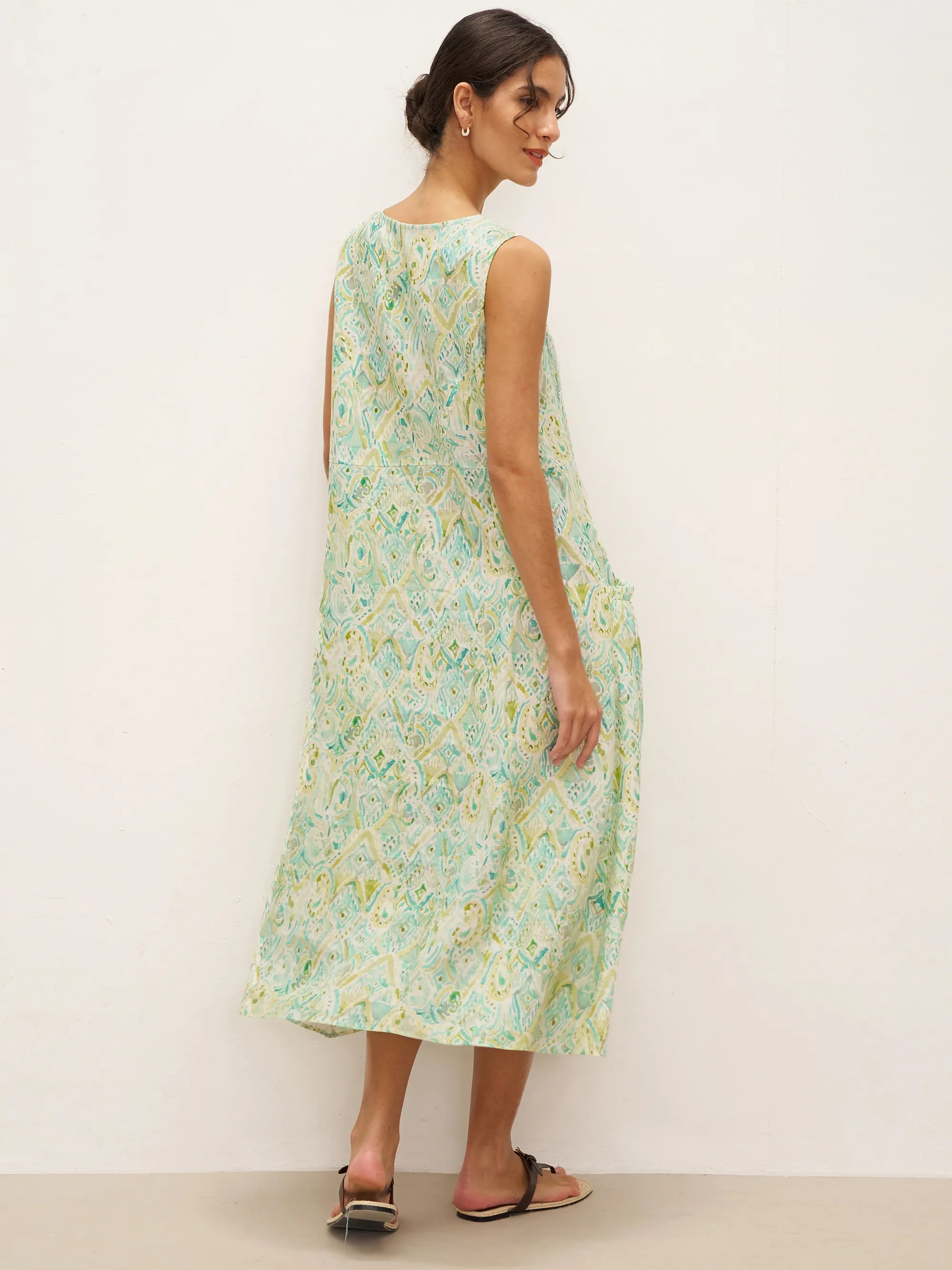 100% Linen Floral Swing Beach Tank Dress LORRAINE - DRESSES-Linen Midi