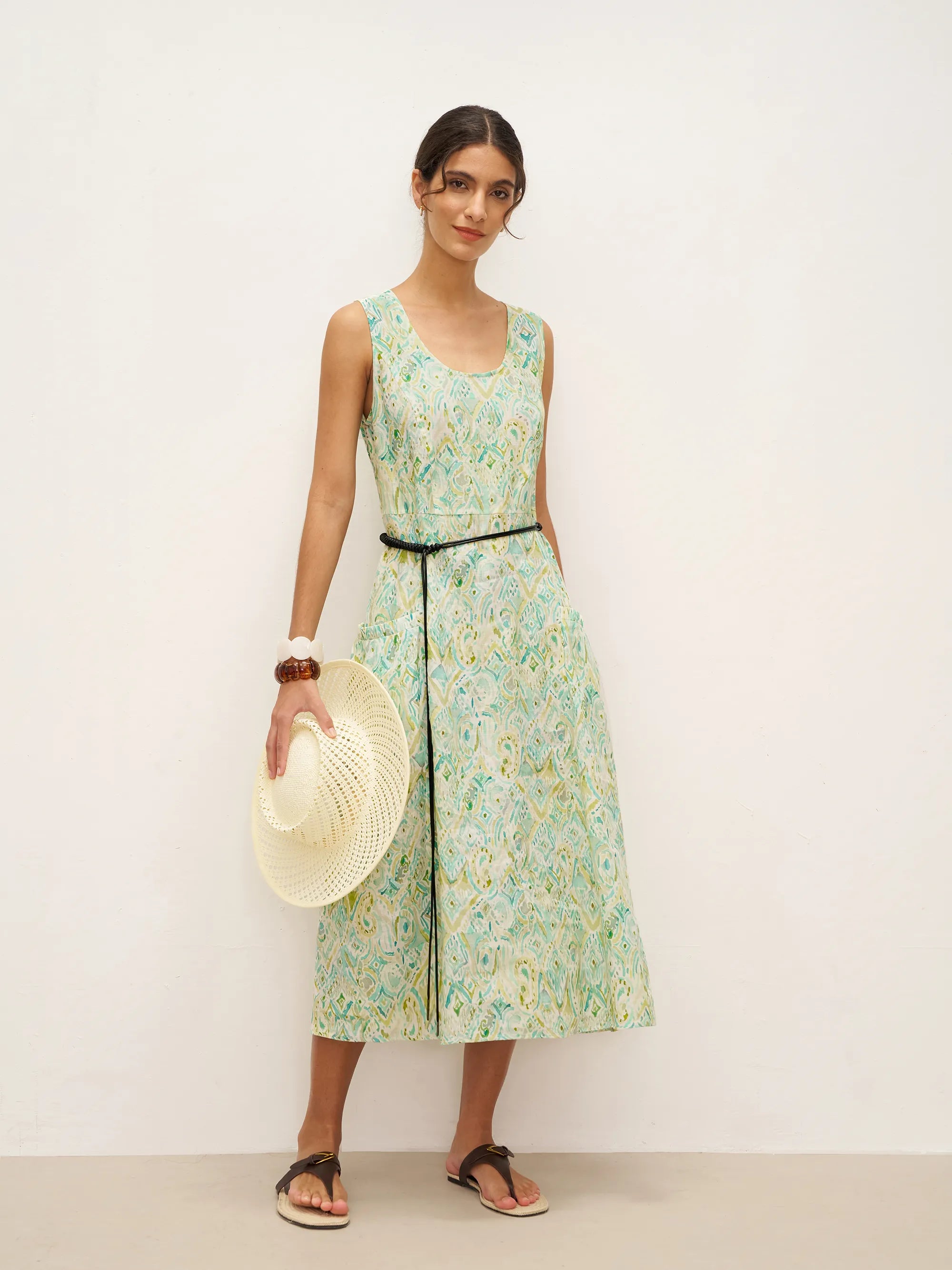 100% Linen Floral Swing Beach Tank Dress LORRAINE - DRESSES-Linen Midi