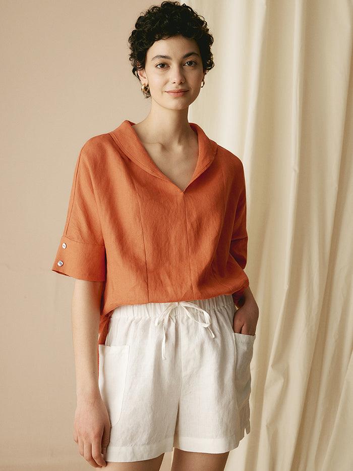 100% Linen V-Neck Short Sleeve Shirt SIERRA - TOPS-Linen Blouses