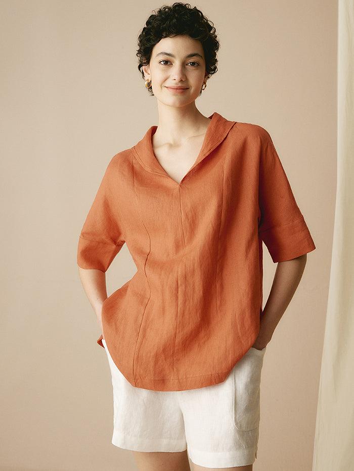 100% Linen V-Neck Short Sleeve Shirt SIERRA - Sun Orange / XS - TOPS-Linen Blouses