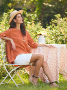 100% Linen Round Neck Artistic Stripe Top - TOPS-Linen Blouses