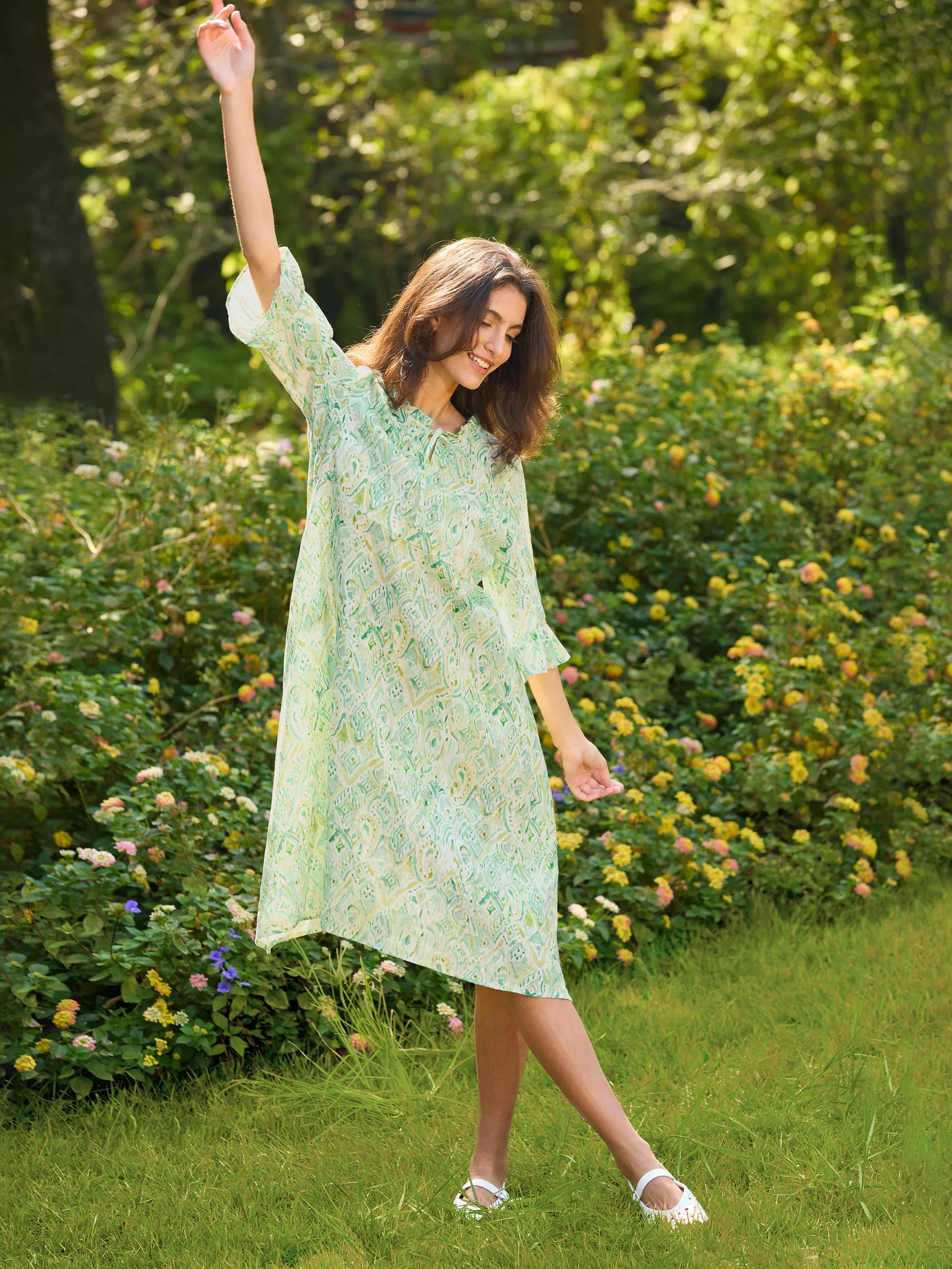 100% Linen A-Line Ruffled Collar Tie-Neck Midi Dress LIVIA - DRESSES-Linen