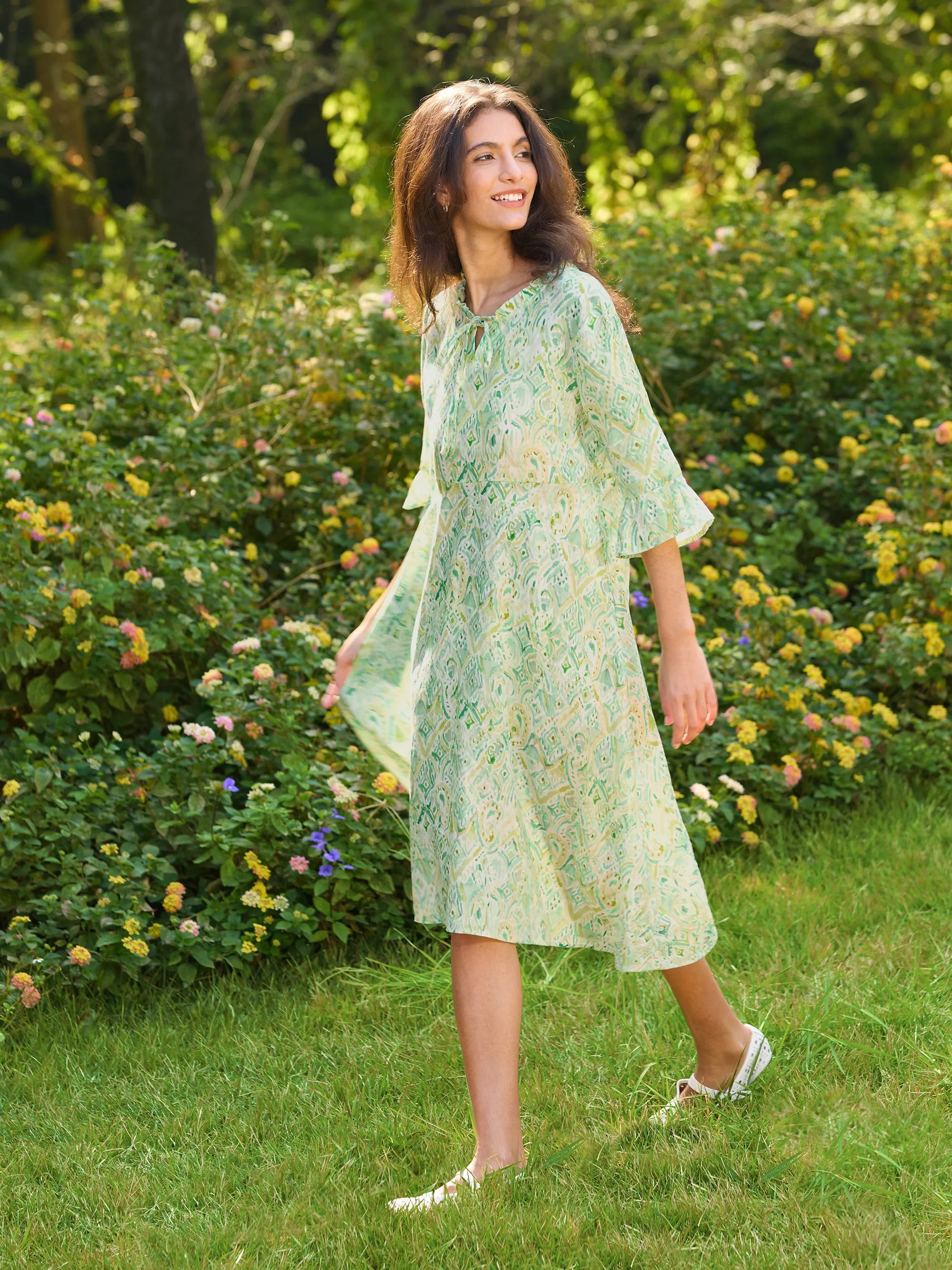 100% Linen A-Line Ruffled Collar Tie-Neck Midi Dress LIVIA - DRESSES-Linen