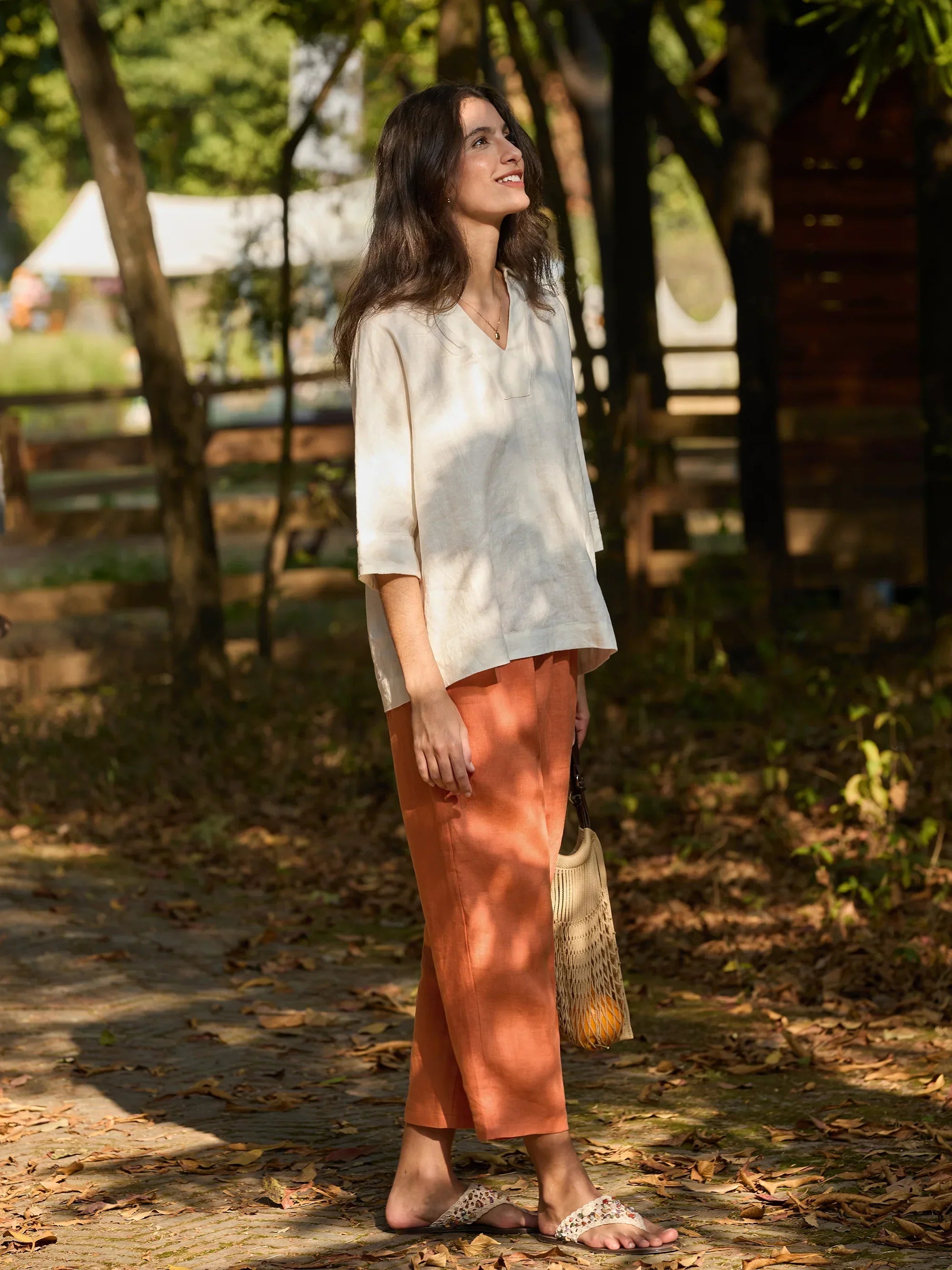 100% Linen Button Accents Tapered Pants DORALIE - BOTTOMS-Linen