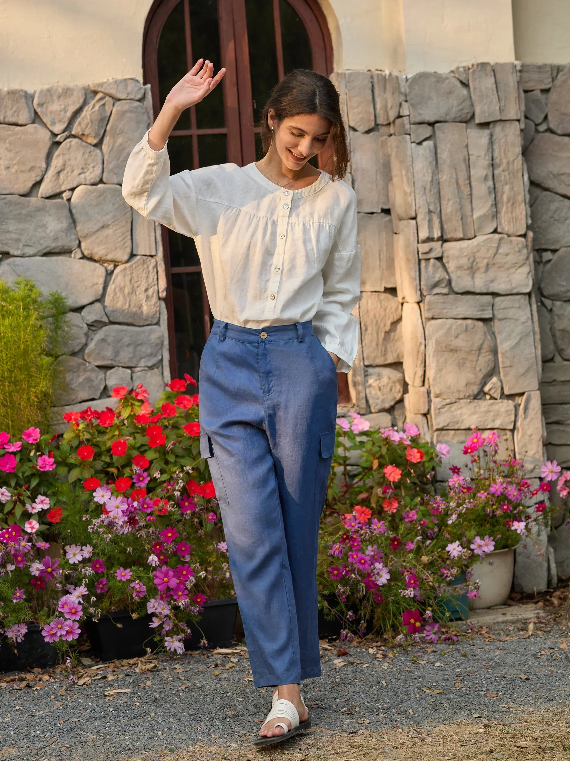 100% Linen Cargo Tapered Trousers with Patch Pockets JESSE - BOTTOMS-Linen Pants