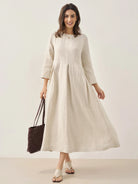 100% Linen Bateau Neck Pleated Maxi Dress - DRESSES-Linen