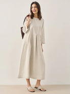100% Linen Bateau Neck Pleated Maxi Dress - DRESSES-Linen