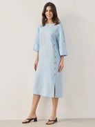 100% Linen Round Neck Button Detail Midi Dress JELENA - DRESSES-Linen