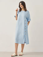 100% Linen Round Neck Button Detail Midi Dress JELENA - DRESSES-Linen