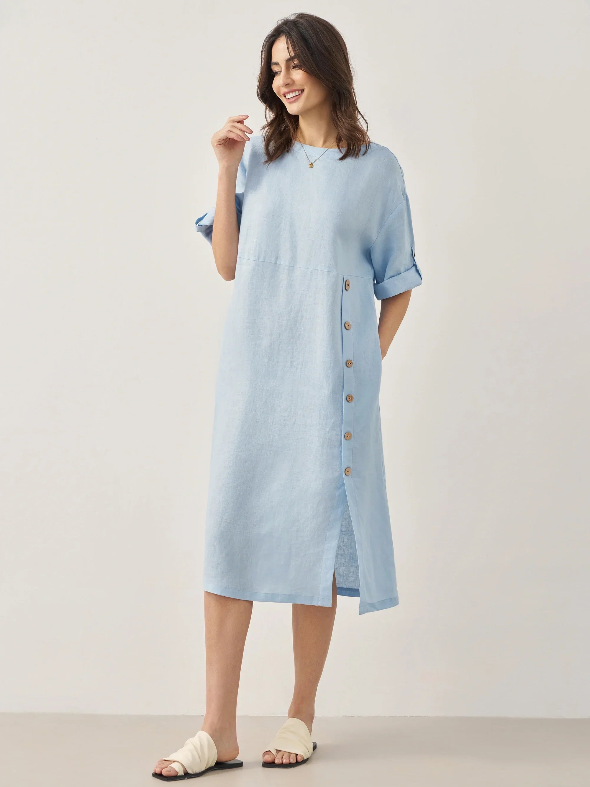 100% Linen Round Neck Button Detail Midi Dress JELENA - DRESSES-Linen
