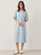 100% Linen Round Neck Button Detail Midi Dress JELENA - DRESSES-Linen