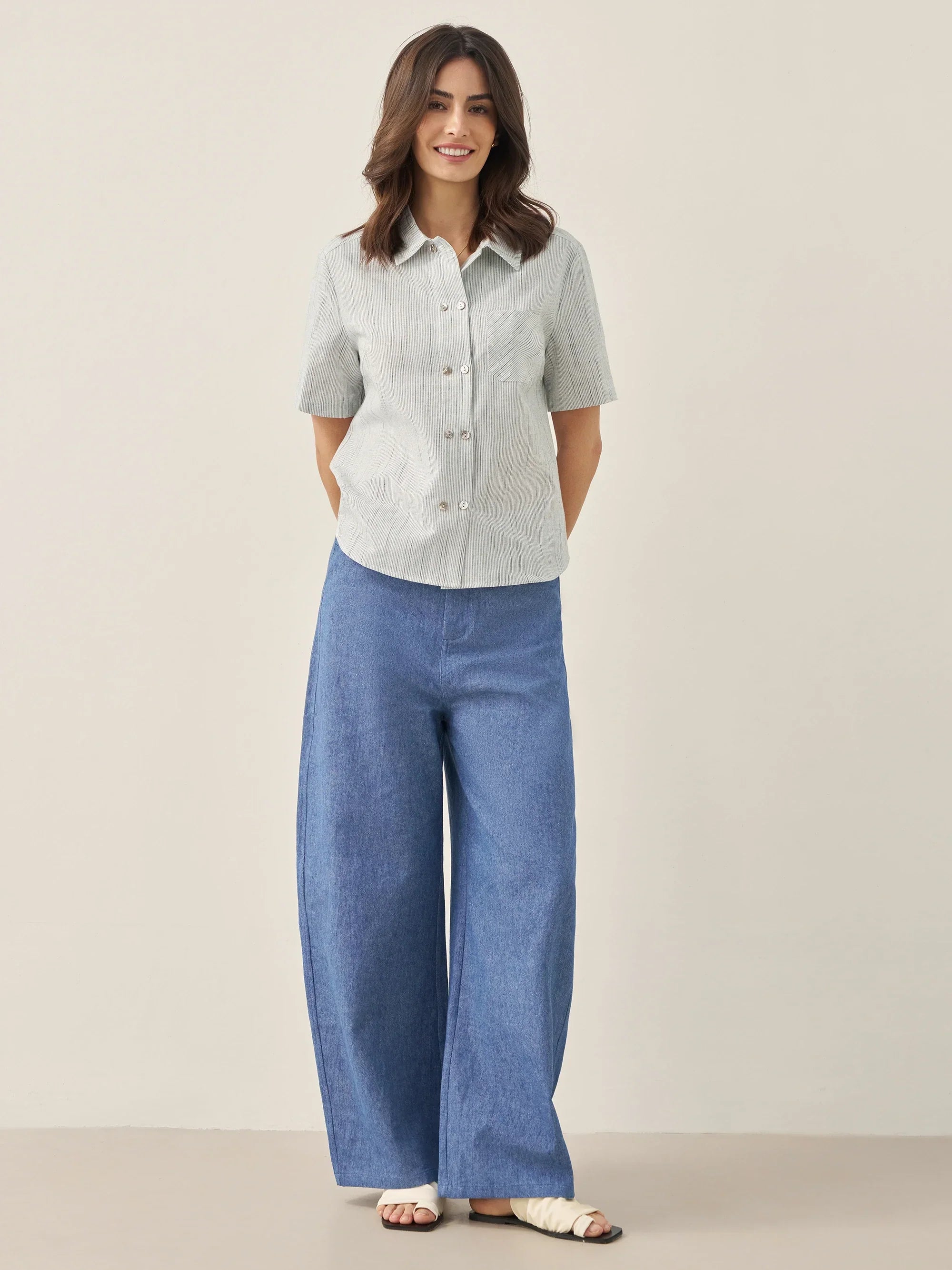 Linen Double-Breasted Artistic Stripe Shirt JUNO - TOPS-Linen Button Down Shirts