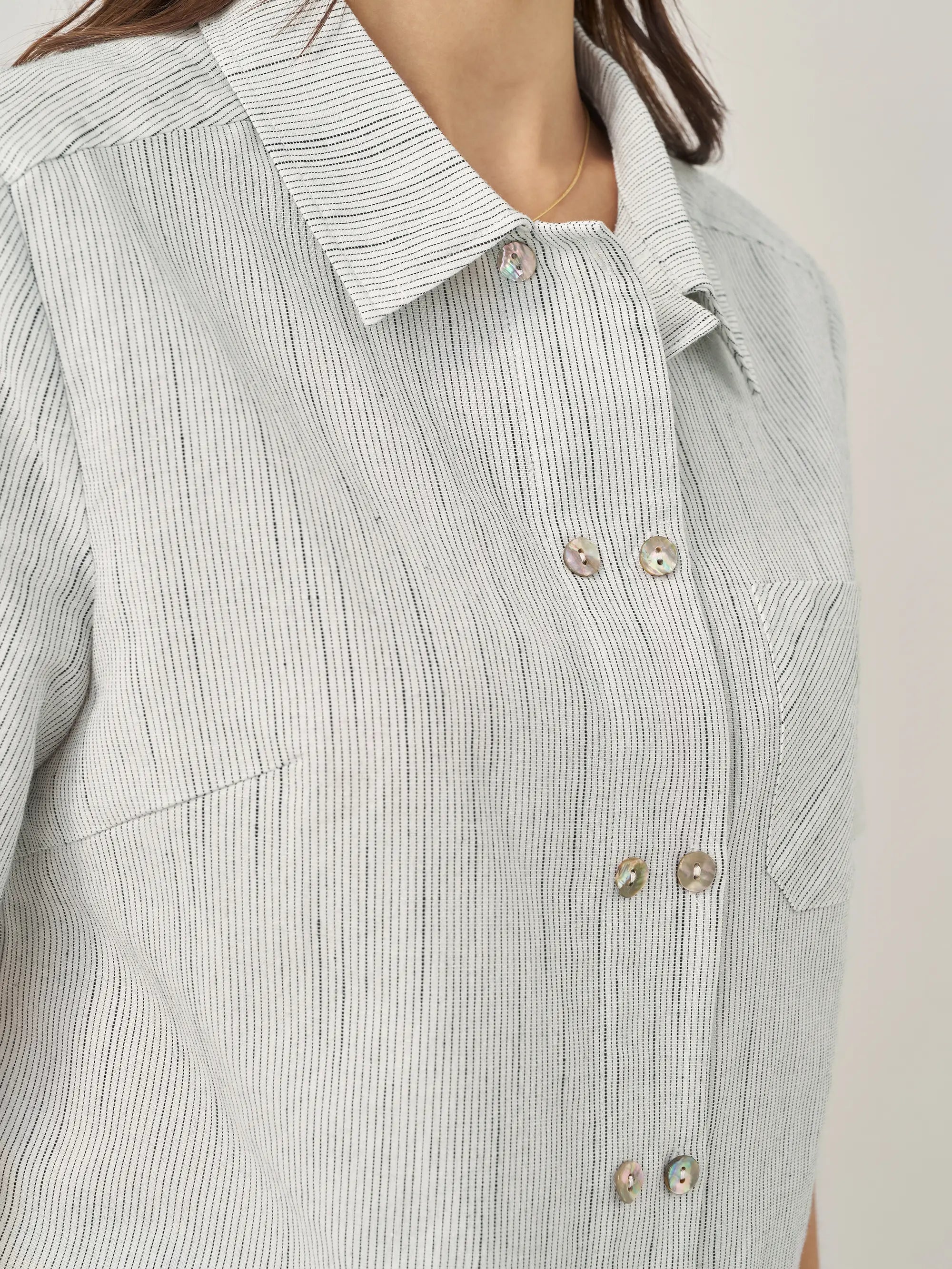 Linen Double-Breasted Artistic Stripe Shirt JUNO - TOPS-Linen Button Down Shirts