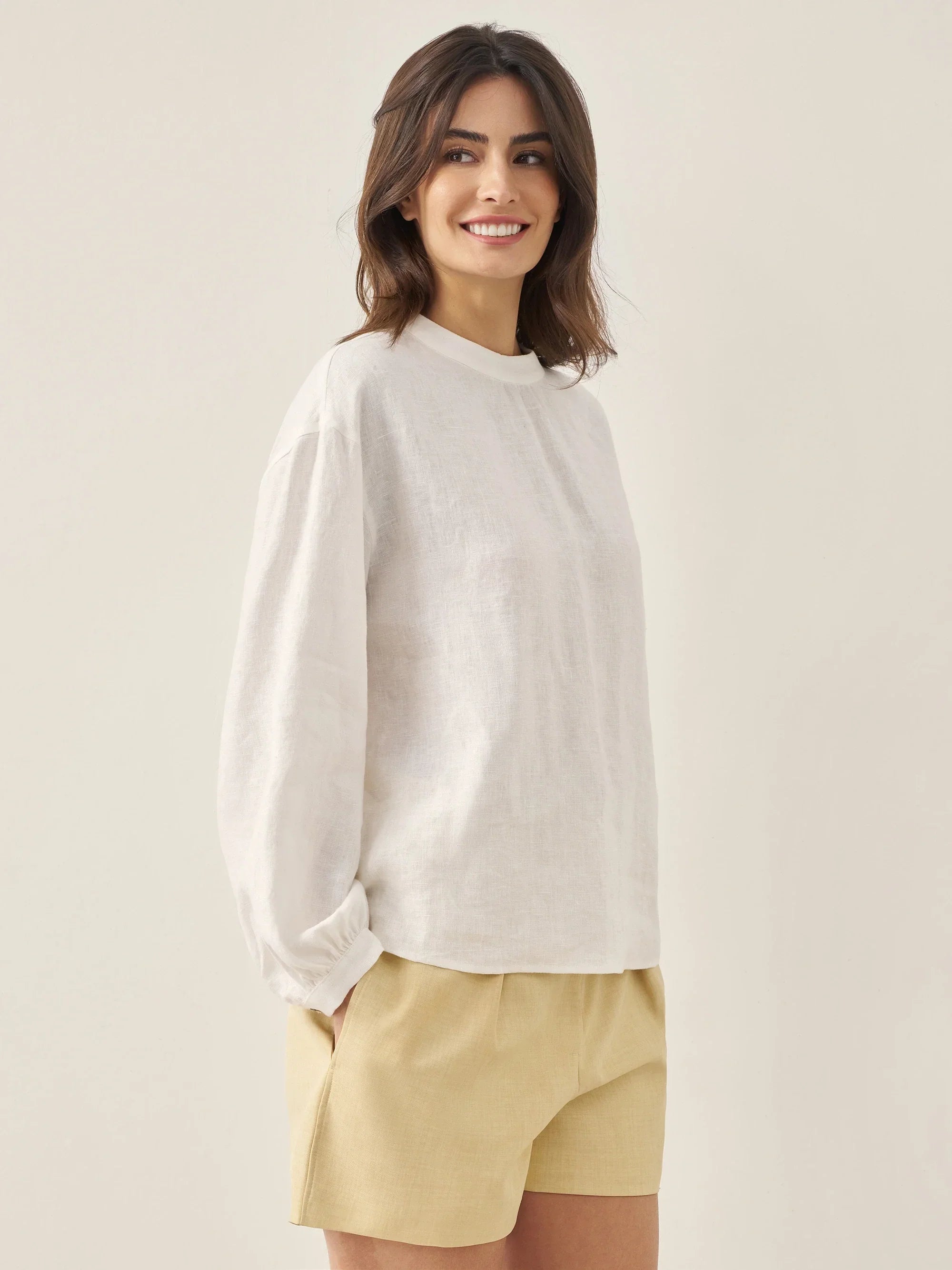 100% Linen Mock Neck Long-Sleeve Top - TOPS-Linen Blouses