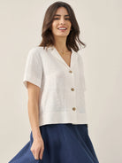 100% Linen Button-Up Short Sleeve Shirt - Optic White / S - TOPS-Linen Button Down Shirts