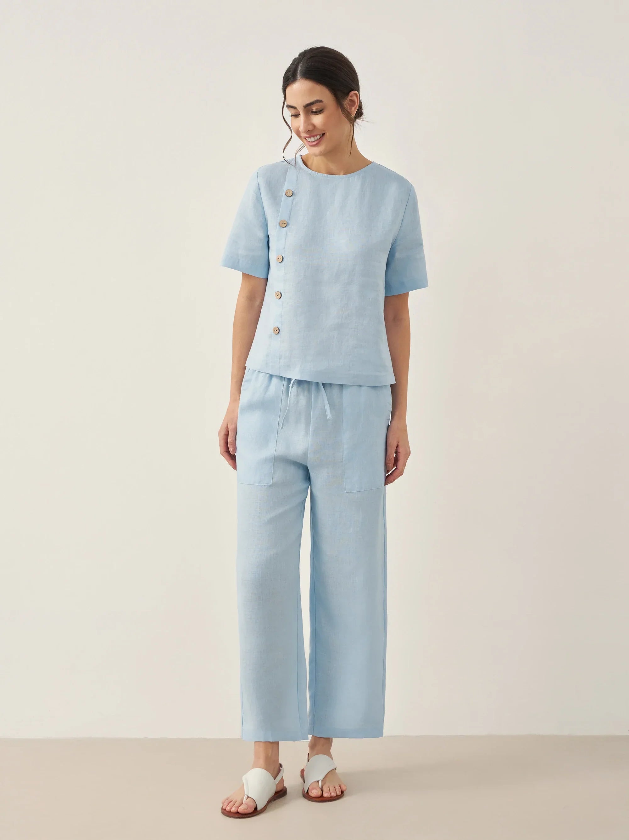 100% Linen Short-Sleeve Round Neck Button Detail Top & Pants Set JOSIE - SETS-Linen Sets