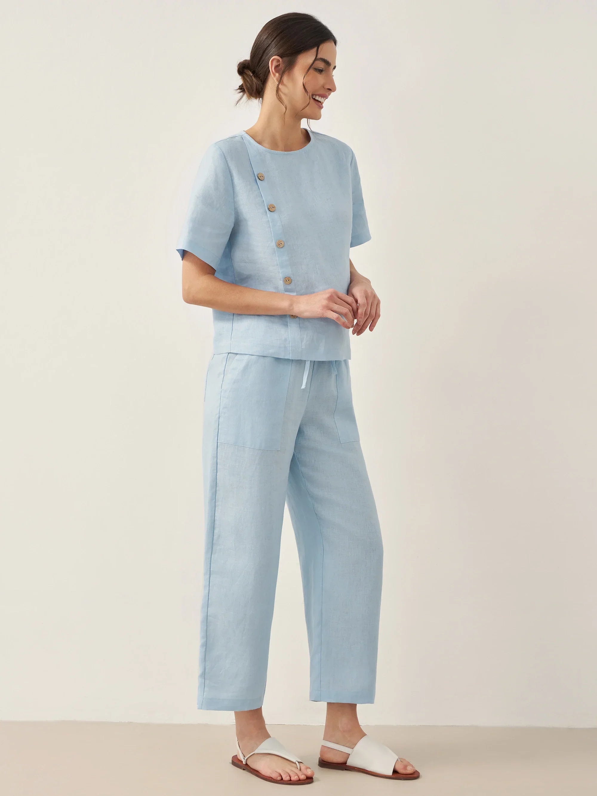 100% Linen Short-Sleeve Round Neck Button Detail Top & Pants Set JOSIE - SETS-Linen Sets