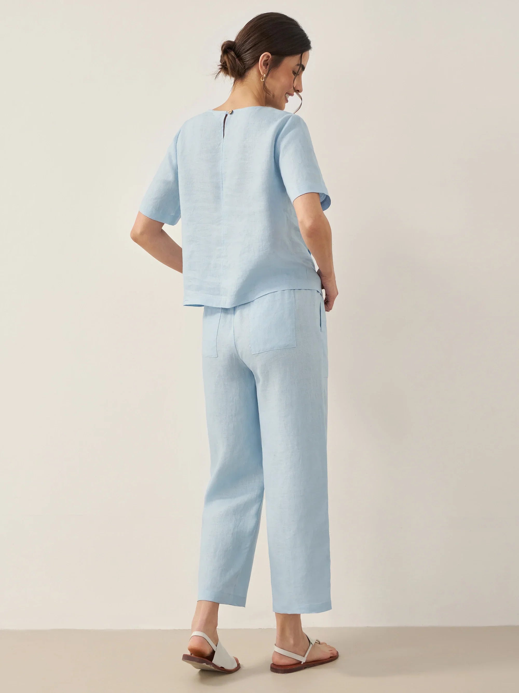 100% Linen Short-Sleeve Round Neck Button Detail Top & Pants Set JOSIE - SETS-Linen Sets