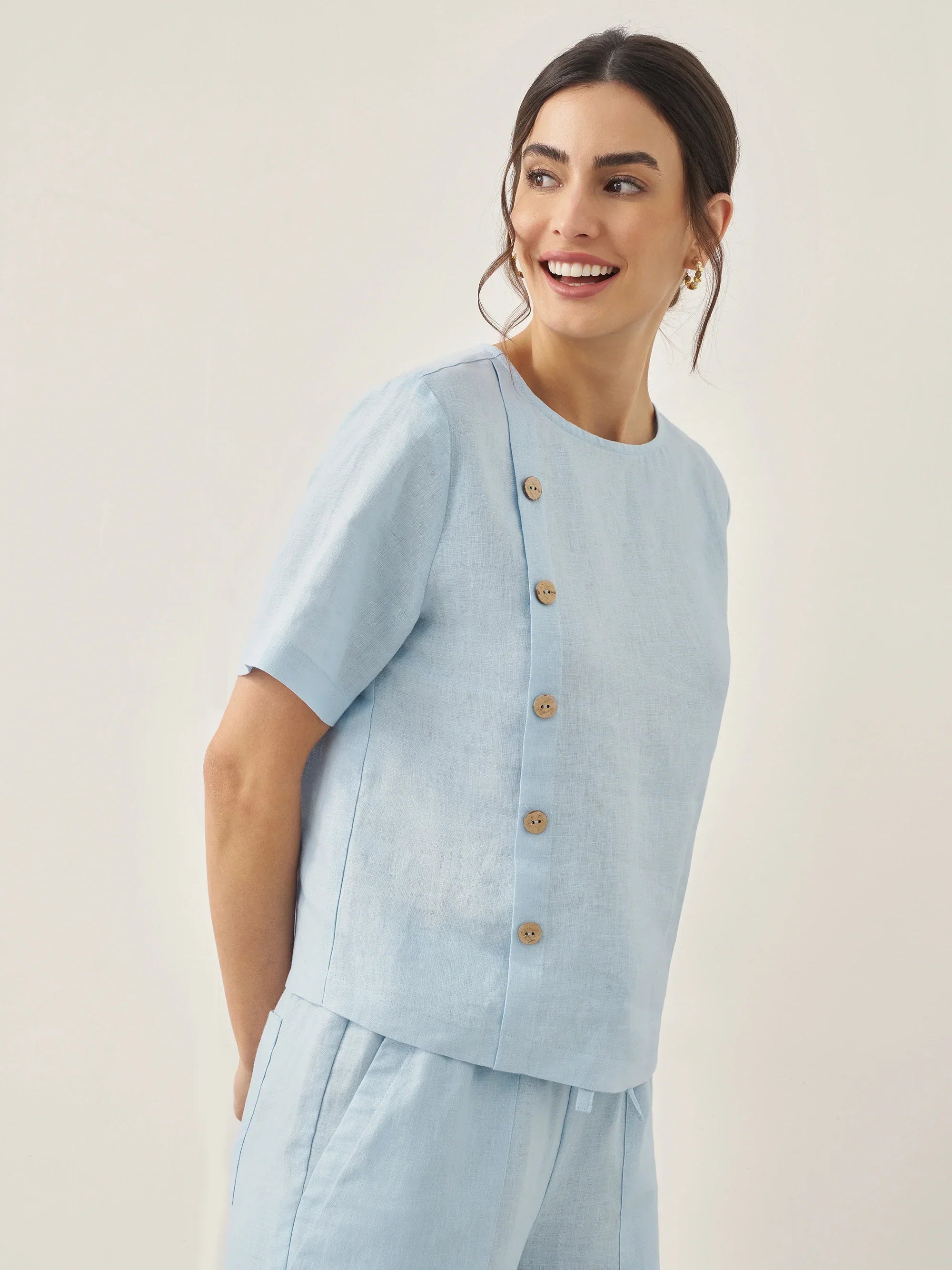 100% Linen Short-Sleeve Round Neck Button Detail Top & Pants Set JOSIE - SETS-Linen Sets