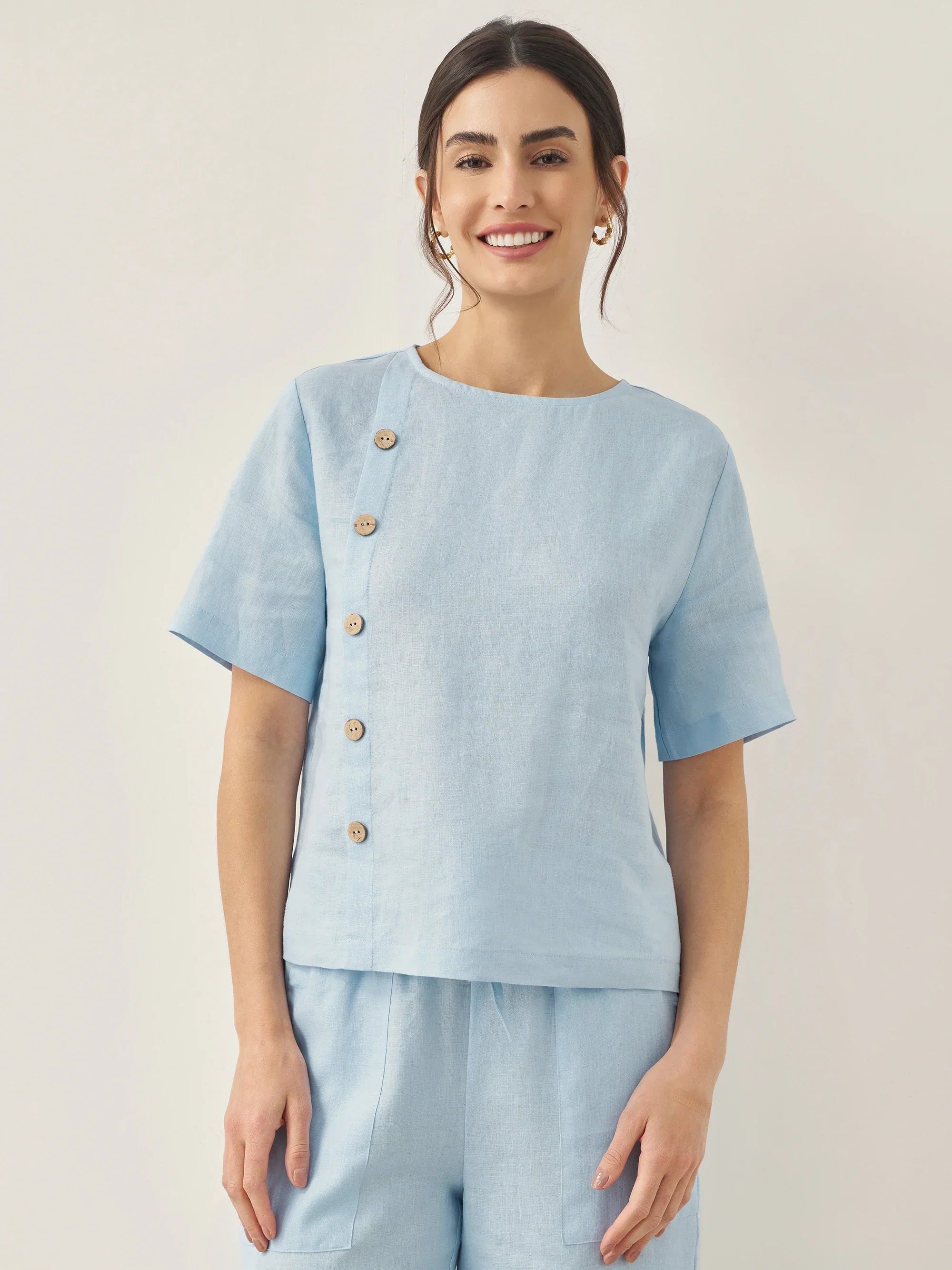 100% Linen Short-Sleeve Round Neck Button Detail Top & Pants Set JOSIE - Baby Blue / Tops / S - SETS-Linen Sets