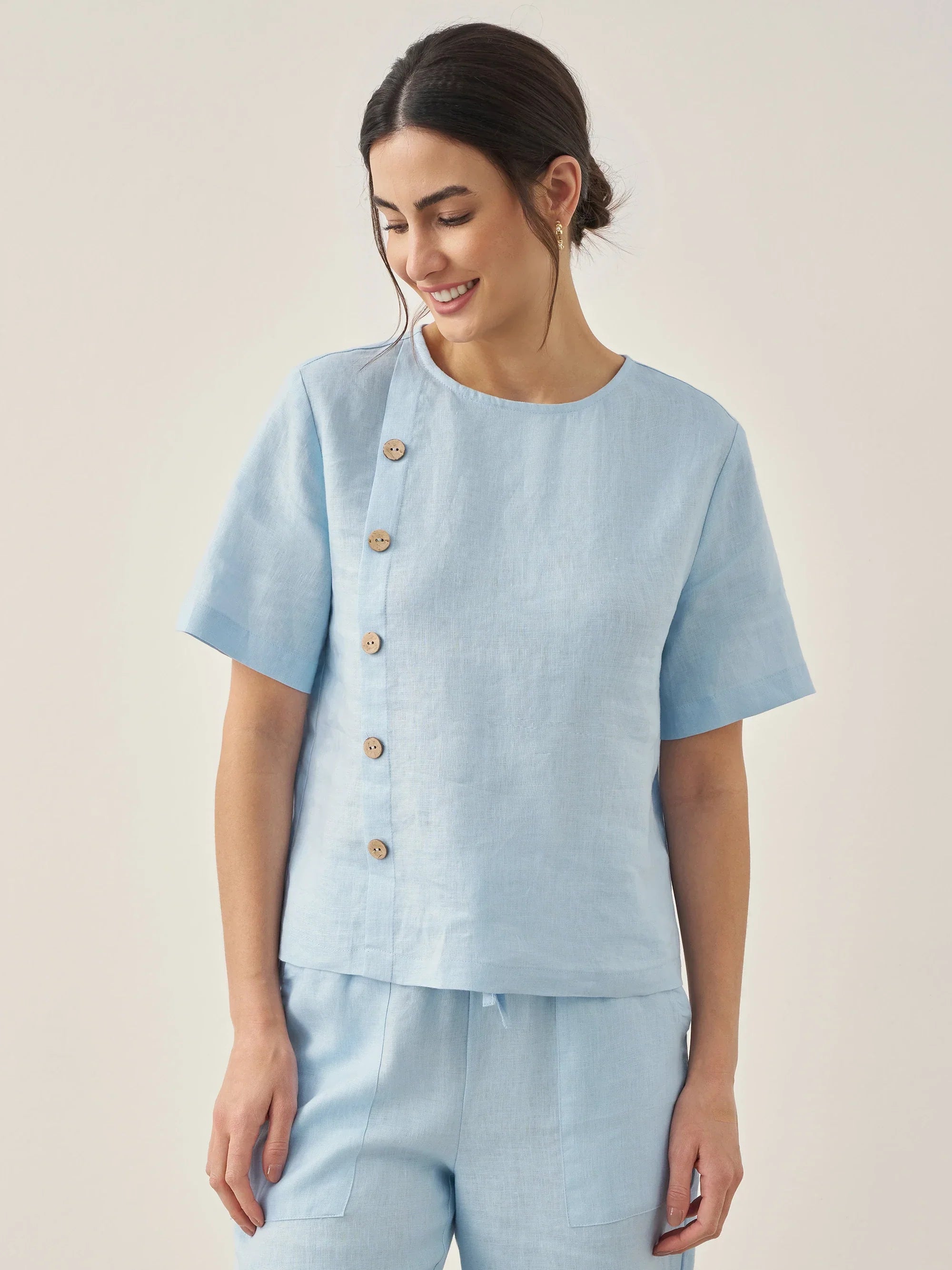 100% Linen Short-Sleeve Round Neck Button Detail Top & Pants Set JOSIE - SETS-Linen Sets