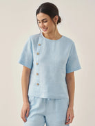 100% Linen Short-Sleeve Round Neck Button Detail Top & Pants Set JOSIE - SETS-Linen Sets