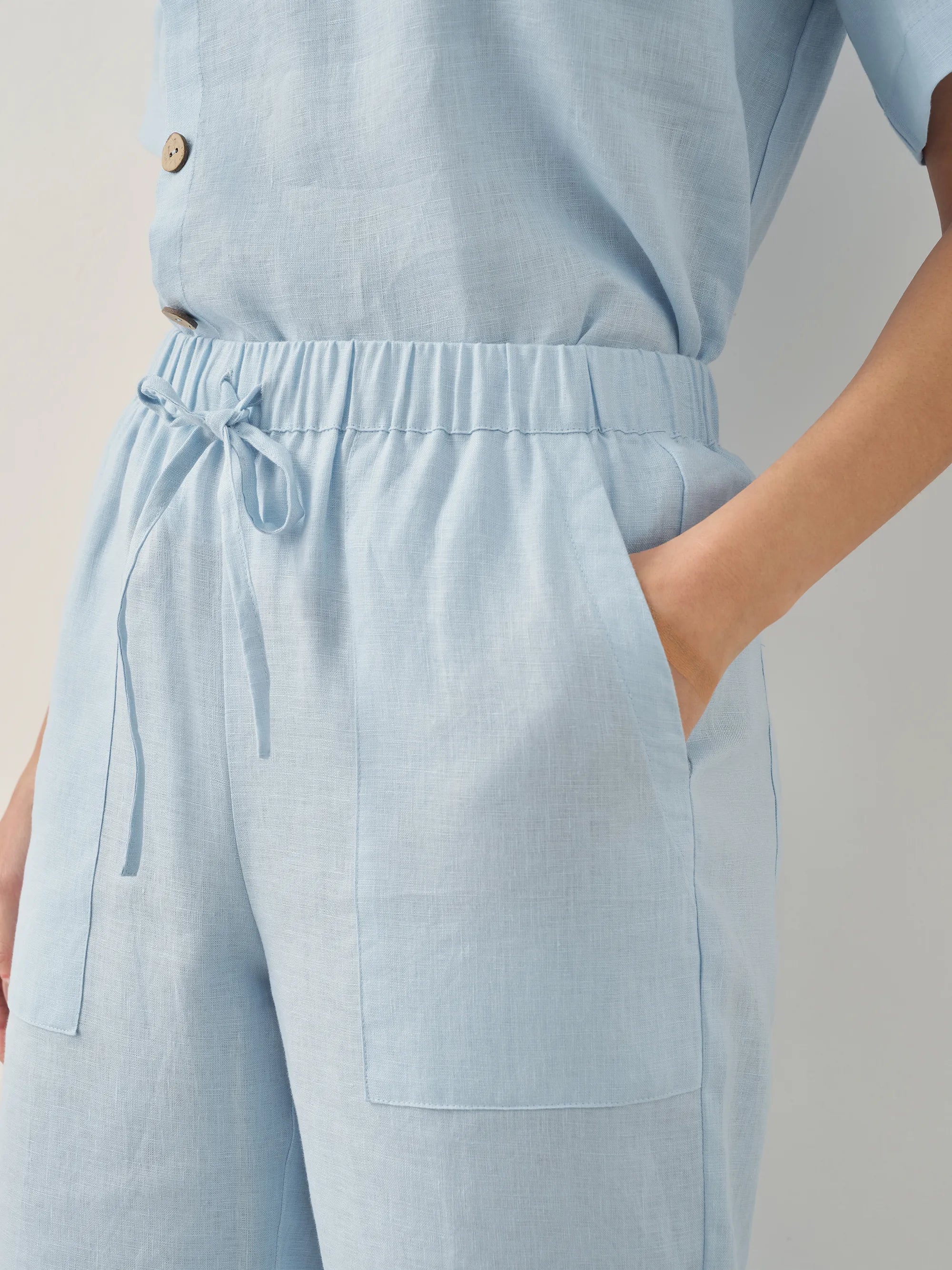 100% Linen Short-Sleeve Round Neck Button Detail Top & Pants Set JOSIE - SETS-Linen Sets