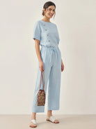 100% Linen Short-Sleeve Round Neck Button Detail Top & Pants Set JOSIE - SETS-Linen Sets