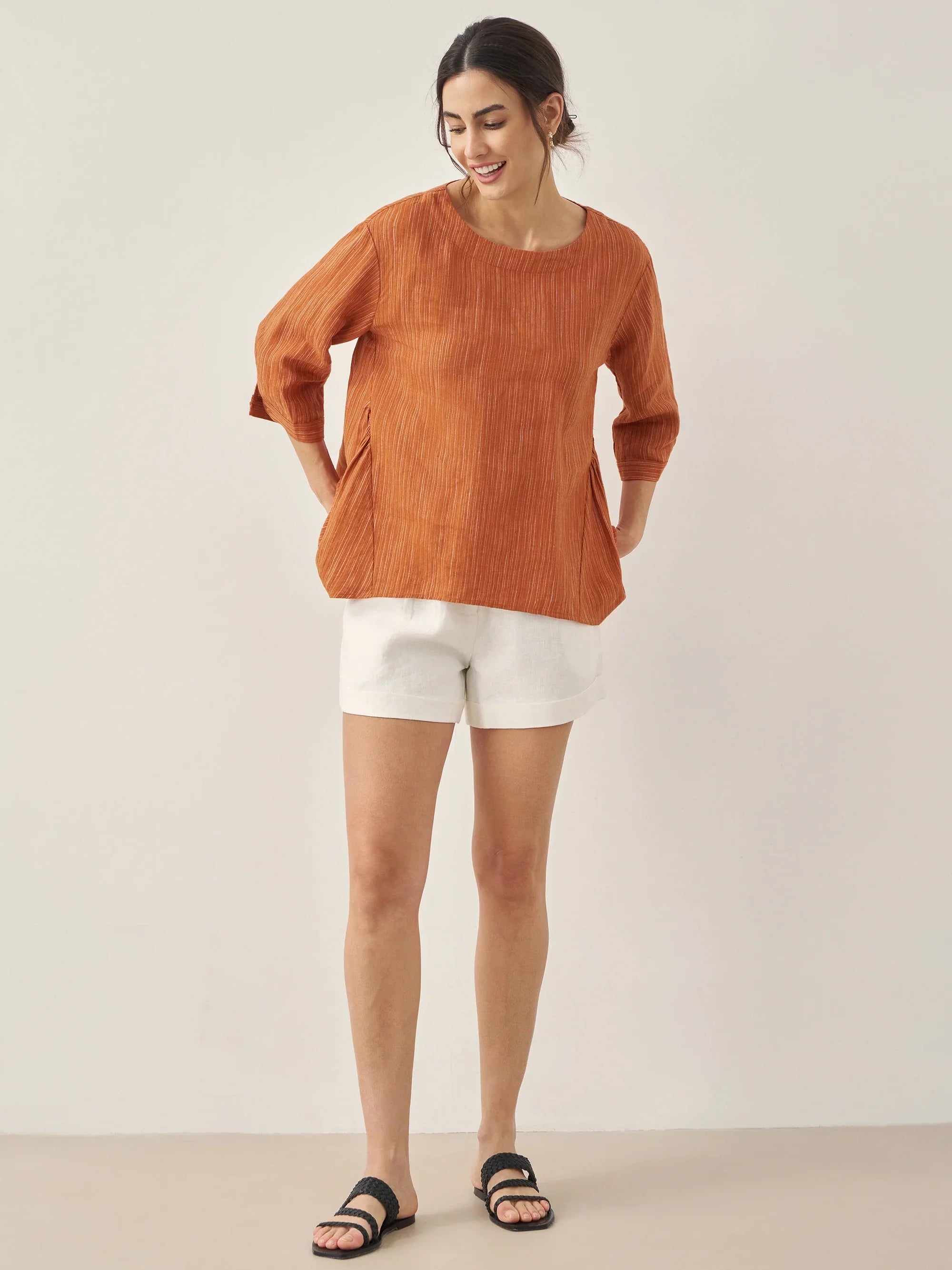 100% Linen Round Neck Artistic Stripe Top - TOPS-Linen Blouses