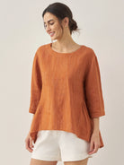100% Linen Round Neck Artistic Stripe Top - Pumpkin / S - TOPS-Linen Blouses