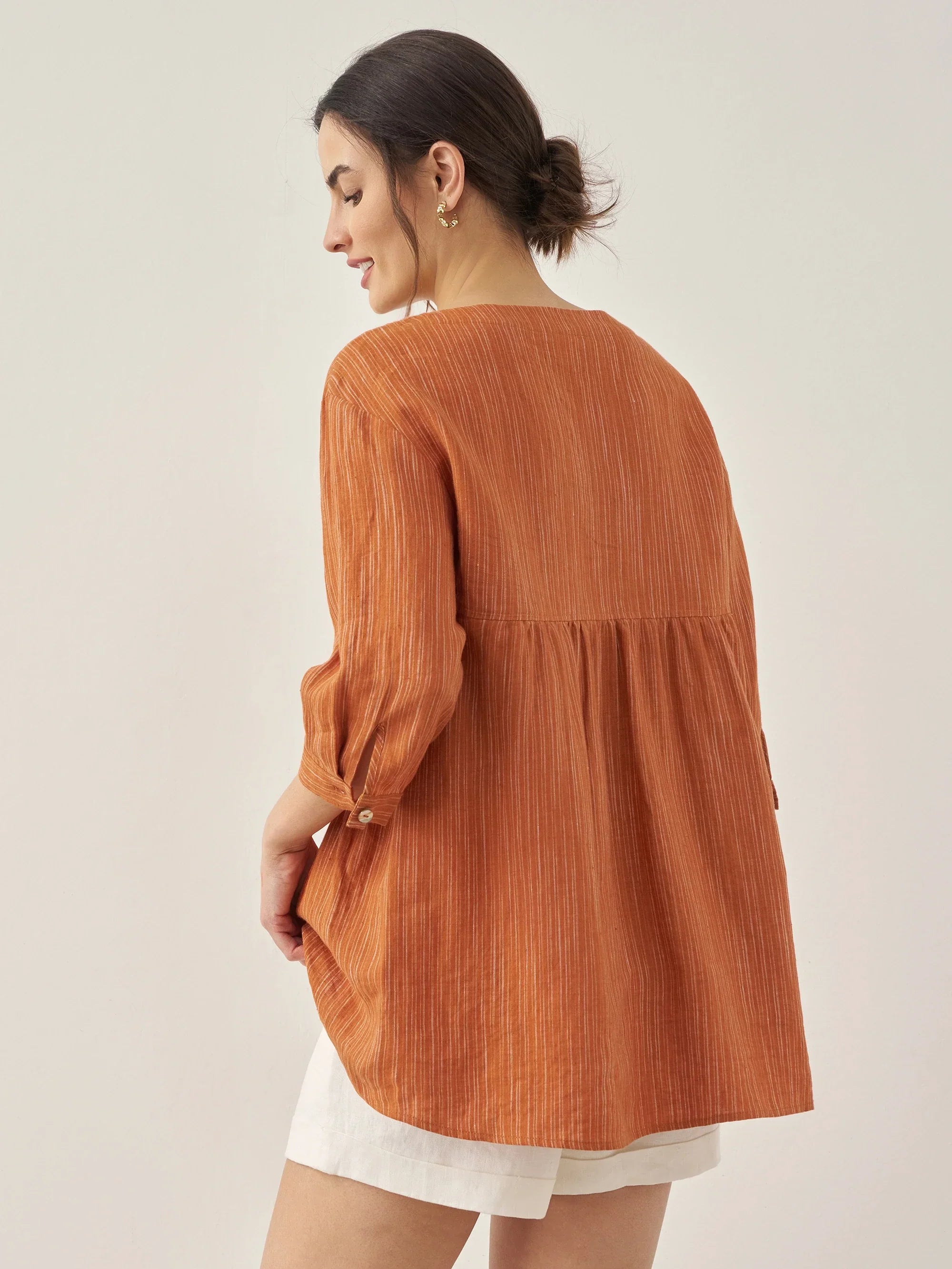 100% Linen Round Neck Artistic Stripe Top - TOPS-Linen Blouses