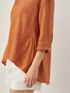 100% Linen Round Neck Artistic Stripe Top - TOPS-Linen Blouses