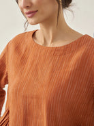 100% Linen Round Neck Artistic Stripe Top - TOPS-Linen Blouses