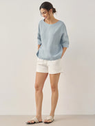 AURORA 100% Linen Boatneck 3/4 Length Sleeve Top - TOPS-Linen Blouses