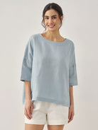 AURORA 100% Linen Boatneck 3/4 Length Sleeve Top - Ice Blue / S - TOPS-Linen Blouses