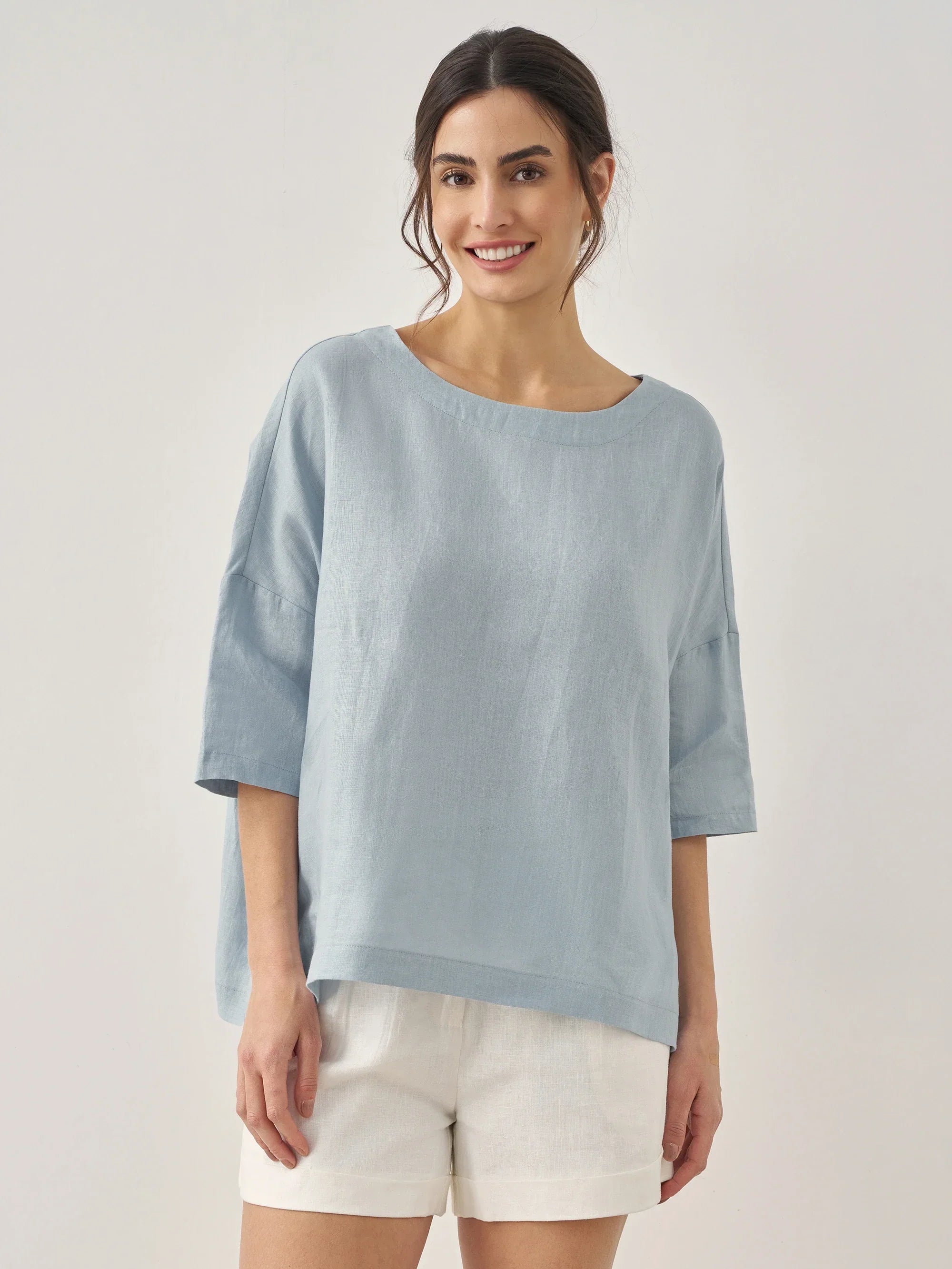 AURORA 100% Linen Boatneck 3/4 Length Sleeve Top - Ice Blue / S - TOPS-Linen Blouses