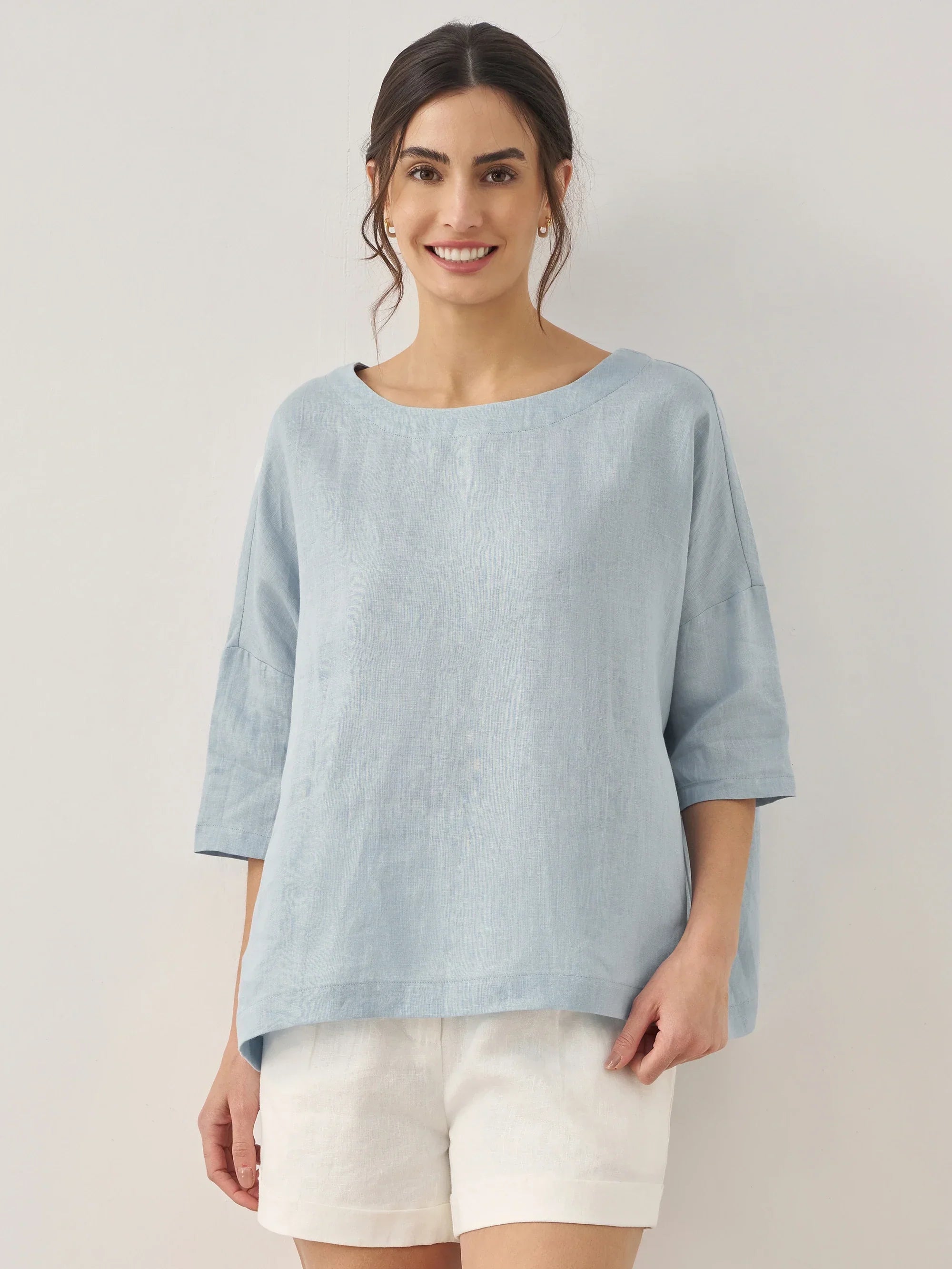 AURORA 100% Linen Boatneck 3/4 Length Sleeve Top - TOPS-Linen Blouses
