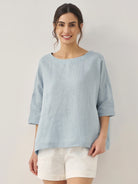 AURORA 100% Linen Boatneck 3/4 Length Sleeve Top - TOPS-Linen Blouses