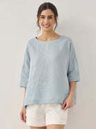 AURORA 100% Linen Boatneck 3/4 Length Sleeve Top - TOPS-Linen Blouses