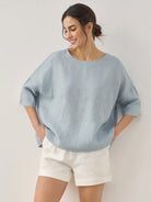 AURORA 100% Linen Boatneck 3/4 Length Sleeve Top - TOPS-Linen Blouses