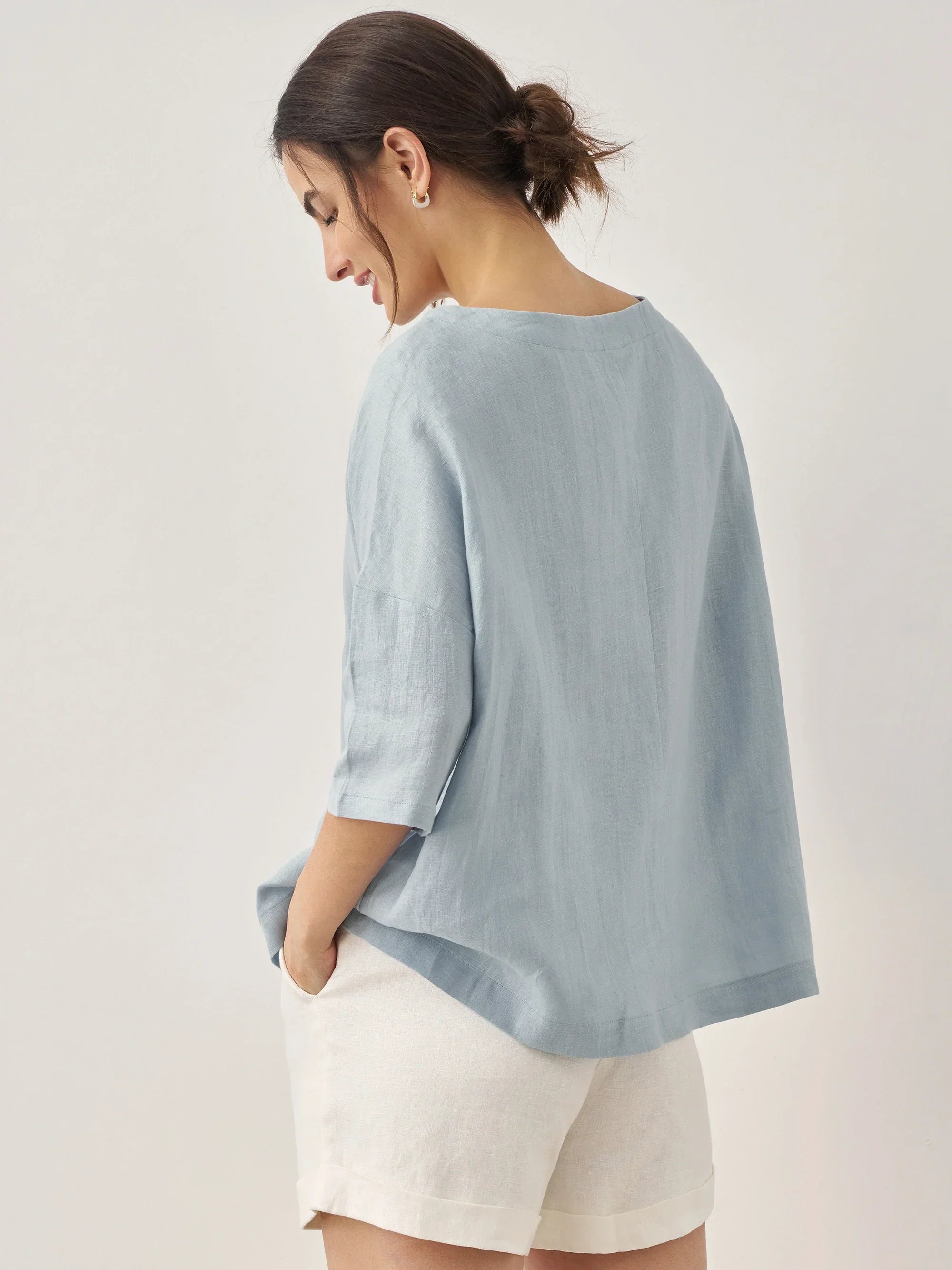 AURORA 100% Linen Boatneck 3/4 Length Sleeve Top - TOPS-Linen Blouses