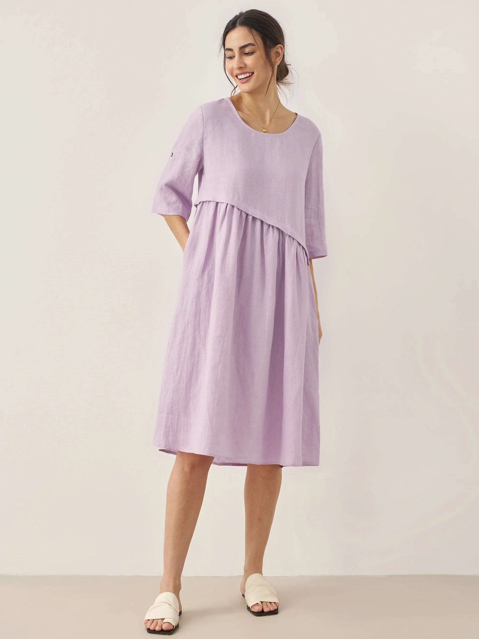 100% Linen Asymmetrical Pleated Round Neck Midi Dress - Lavender / S - DRESSES-Linen