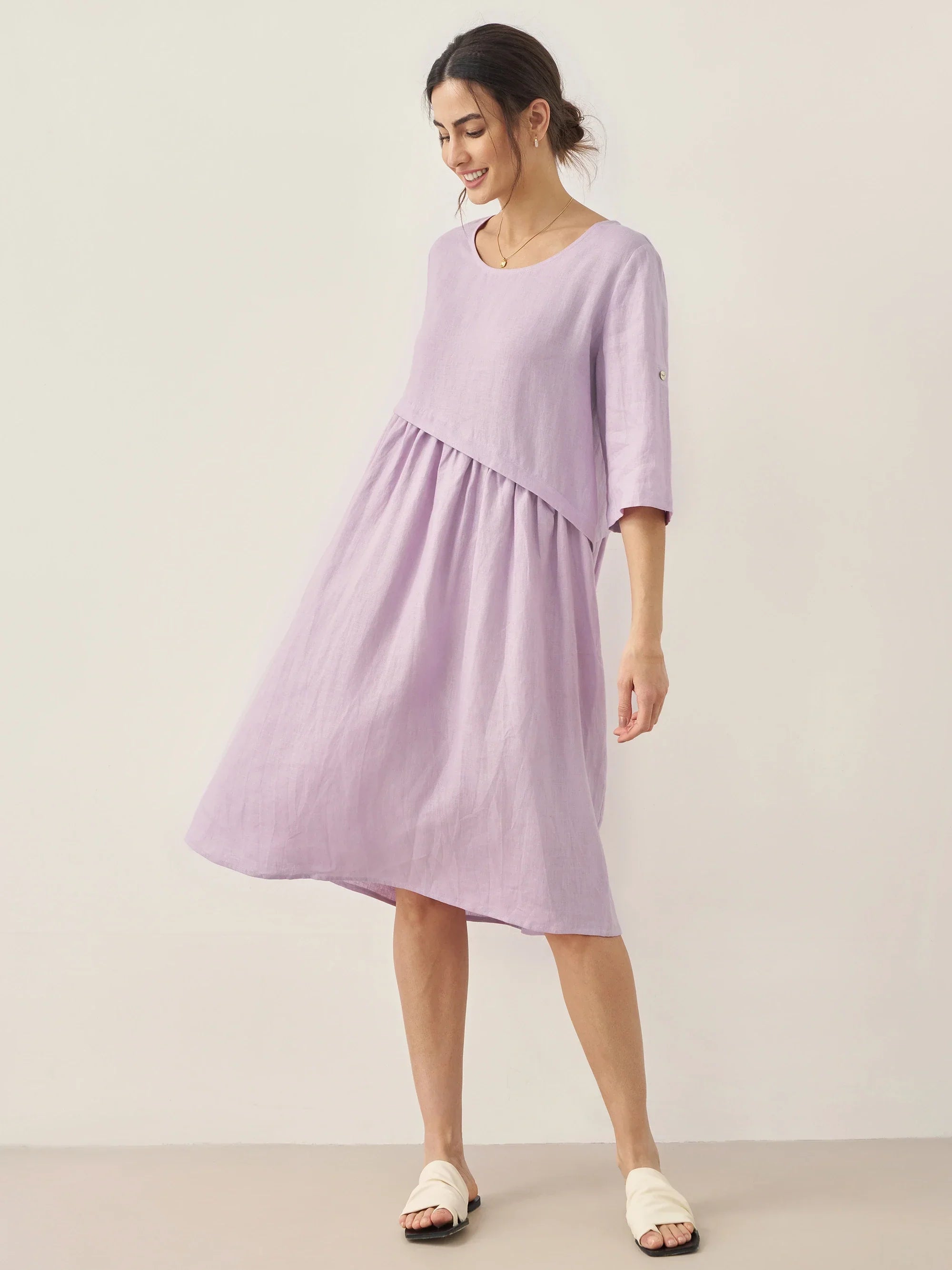 100% Linen Asymmetrical Pleated Round Neck Midi Dress - DRESSES-Linen