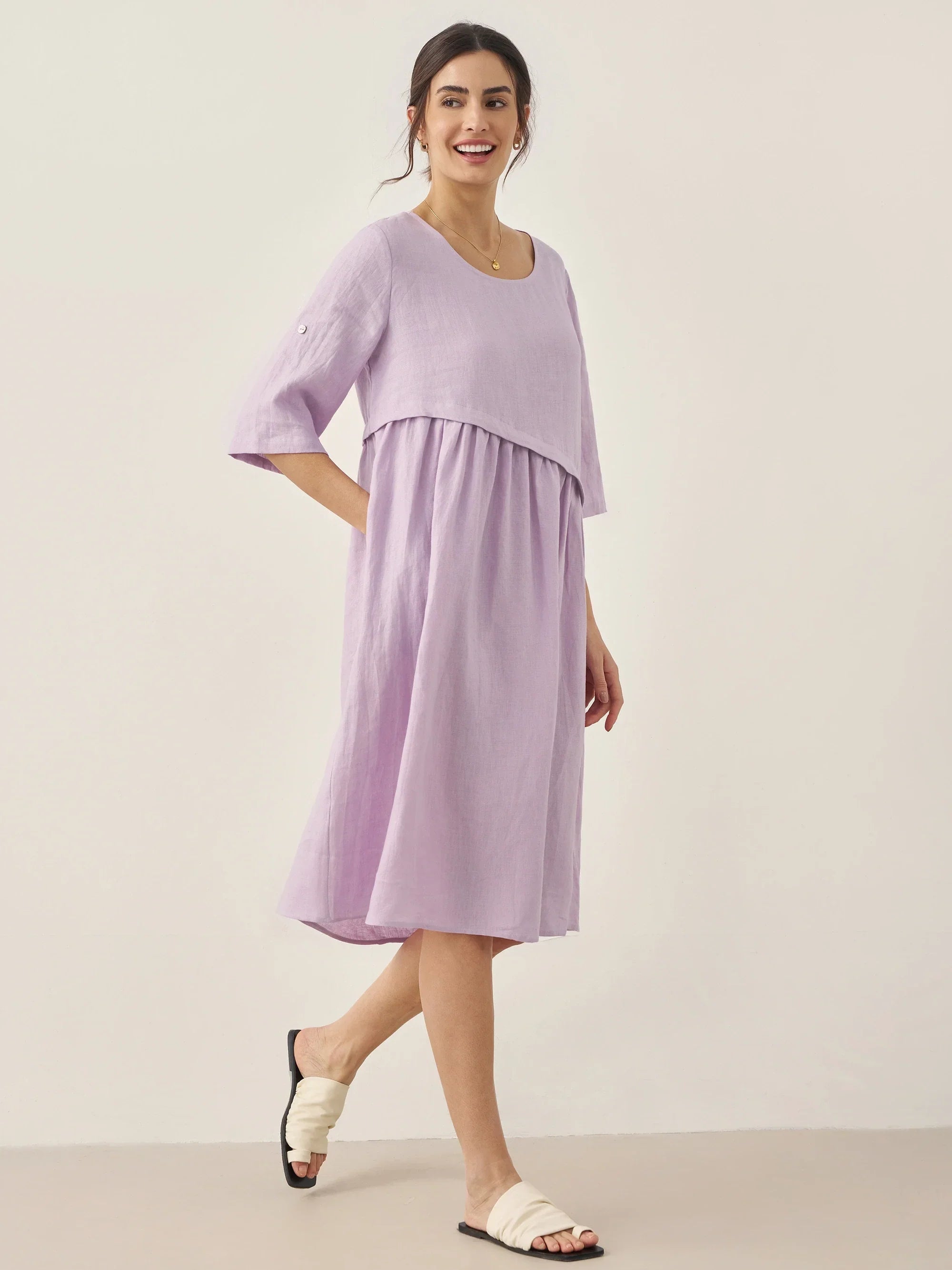 100% Linen Asymmetrical Pleated Round Neck Midi Dress - DRESSES-Linen