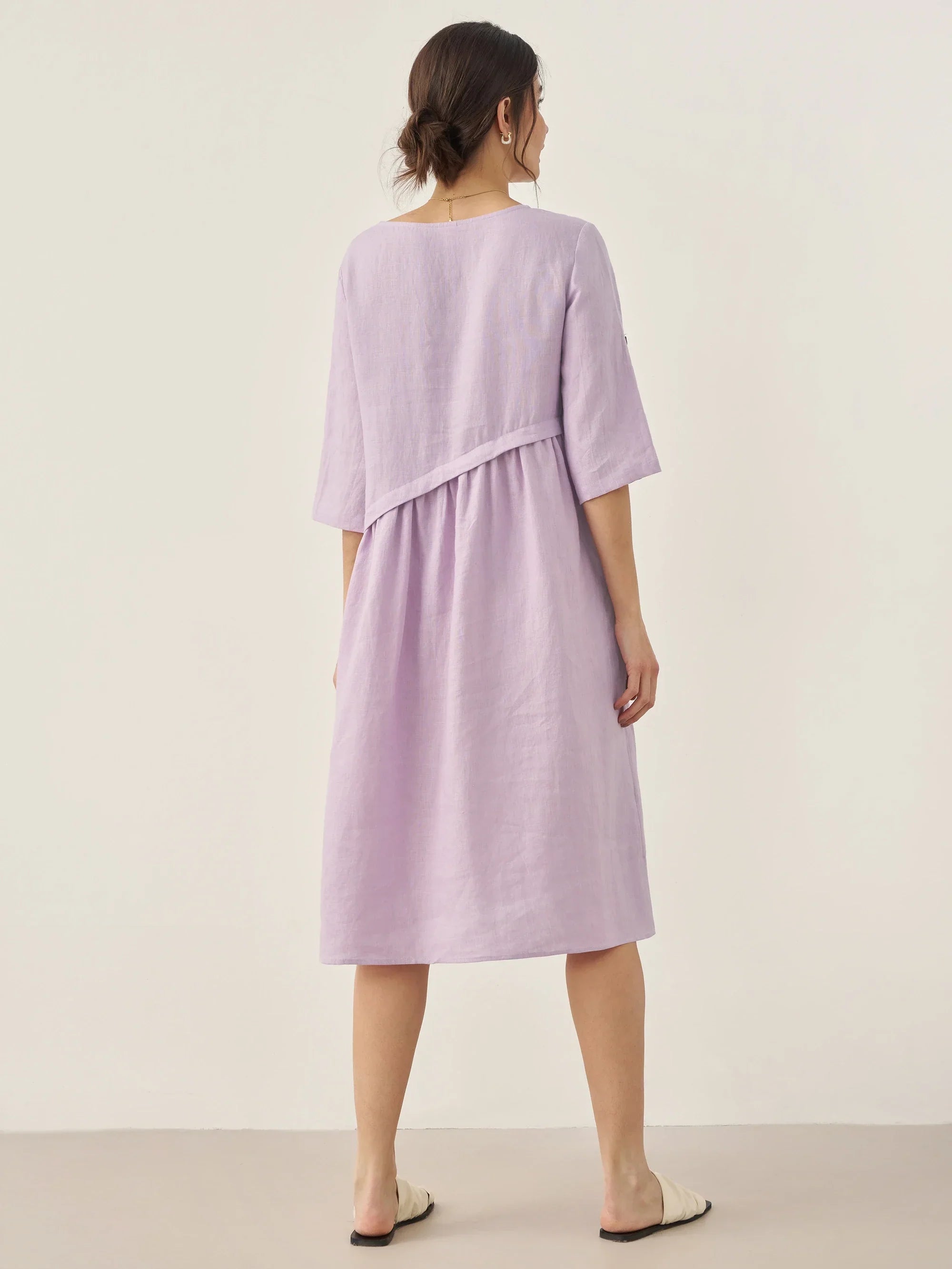 100% Linen Asymmetrical Pleated Round Neck Midi Dress - DRESSES-Linen
