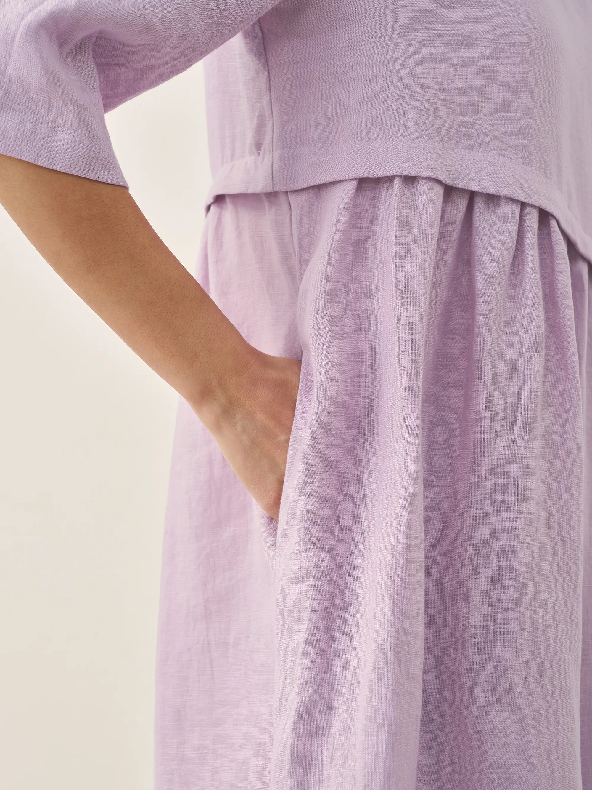 100% Linen Asymmetrical Pleated Round Neck Midi Dress - DRESSES-Linen