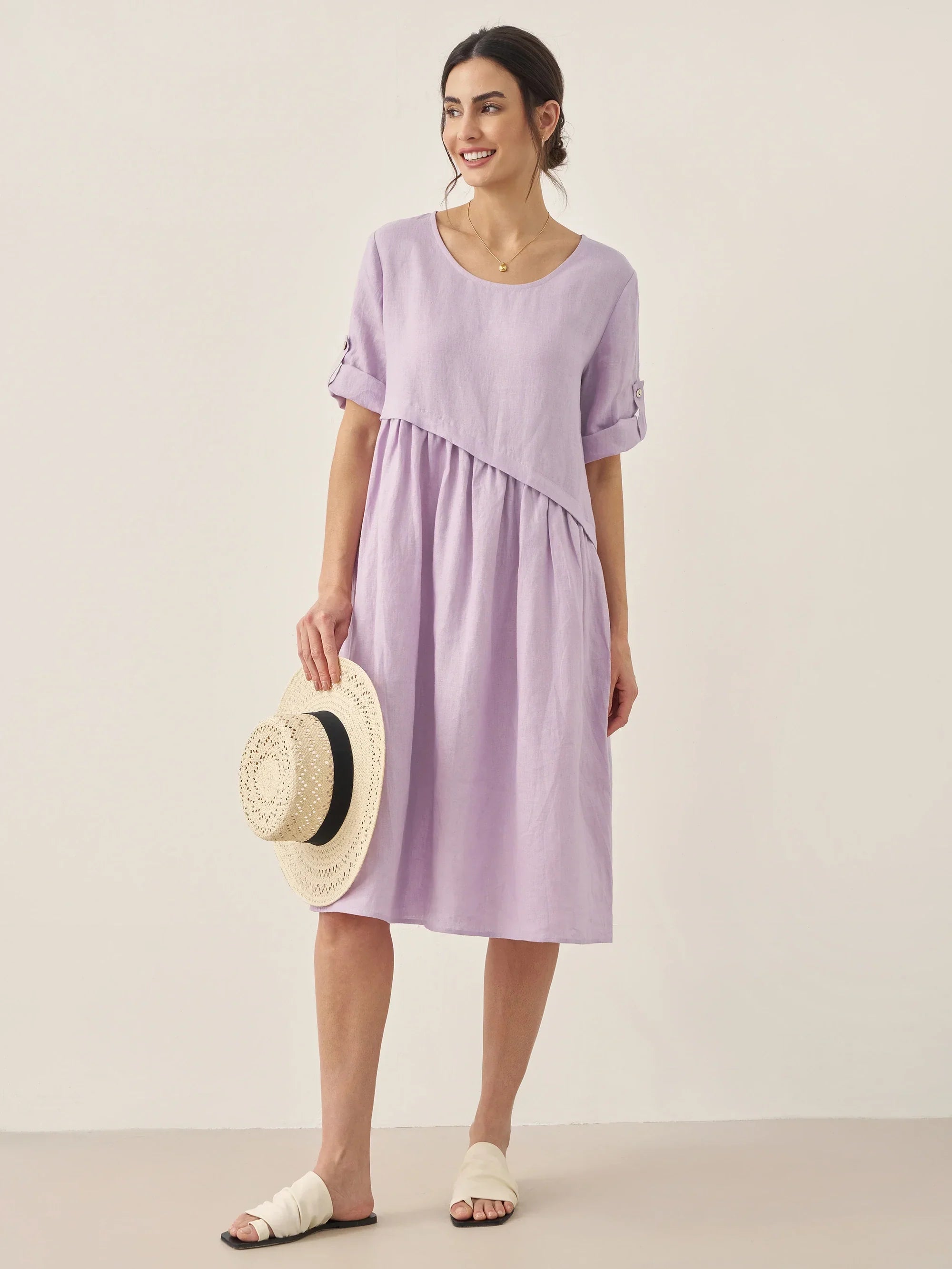 100% Linen Asymmetrical Pleated Round Neck Midi Dress - DRESSES-Linen