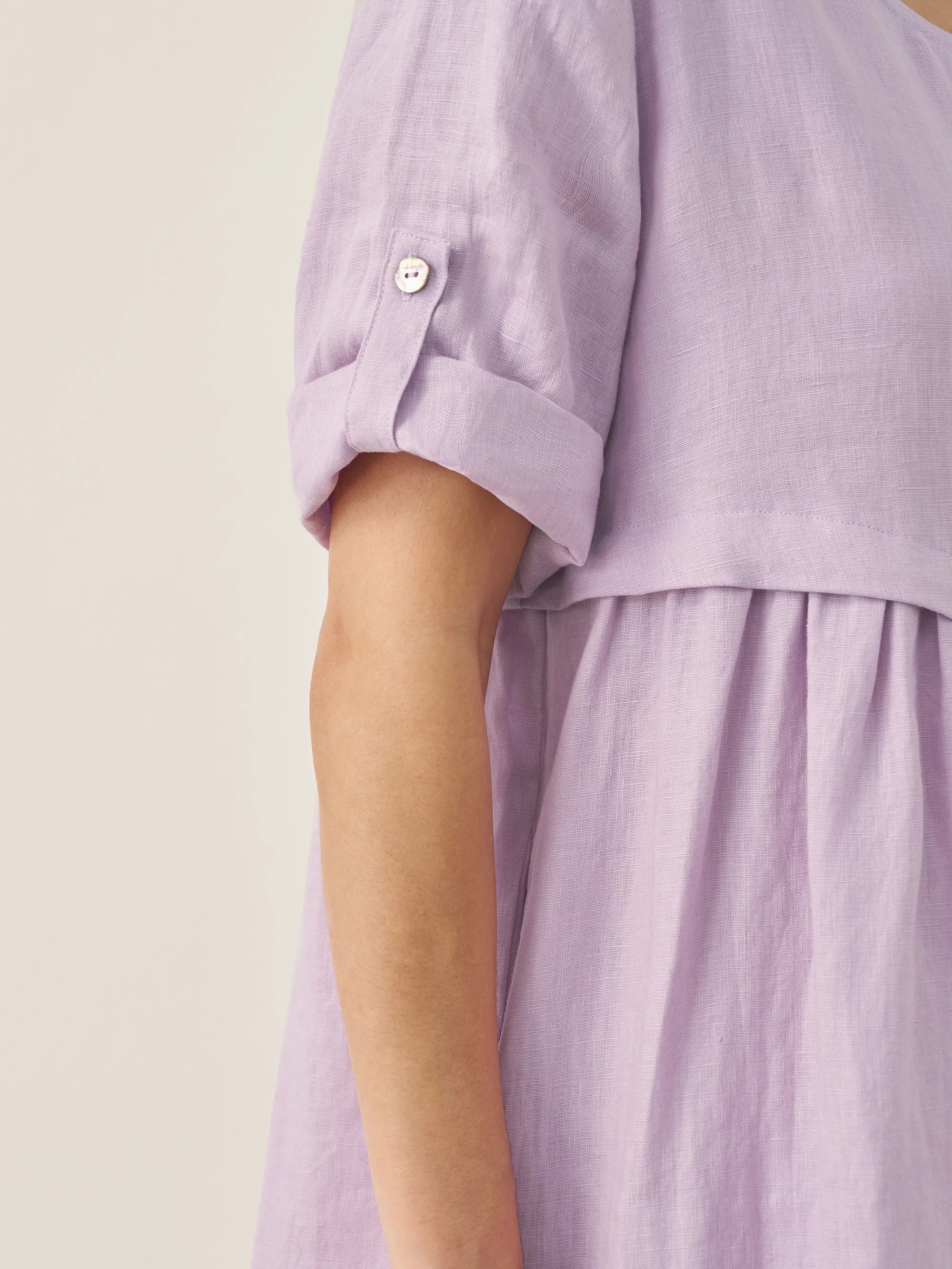 100% Linen Asymmetrical Pleated Round Neck Midi Dress - DRESSES-Linen