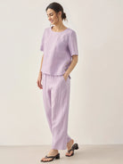100% Linen Short-Sleeve Round Neck Button Detail Top & Pants Set - SETS-Linen Sets