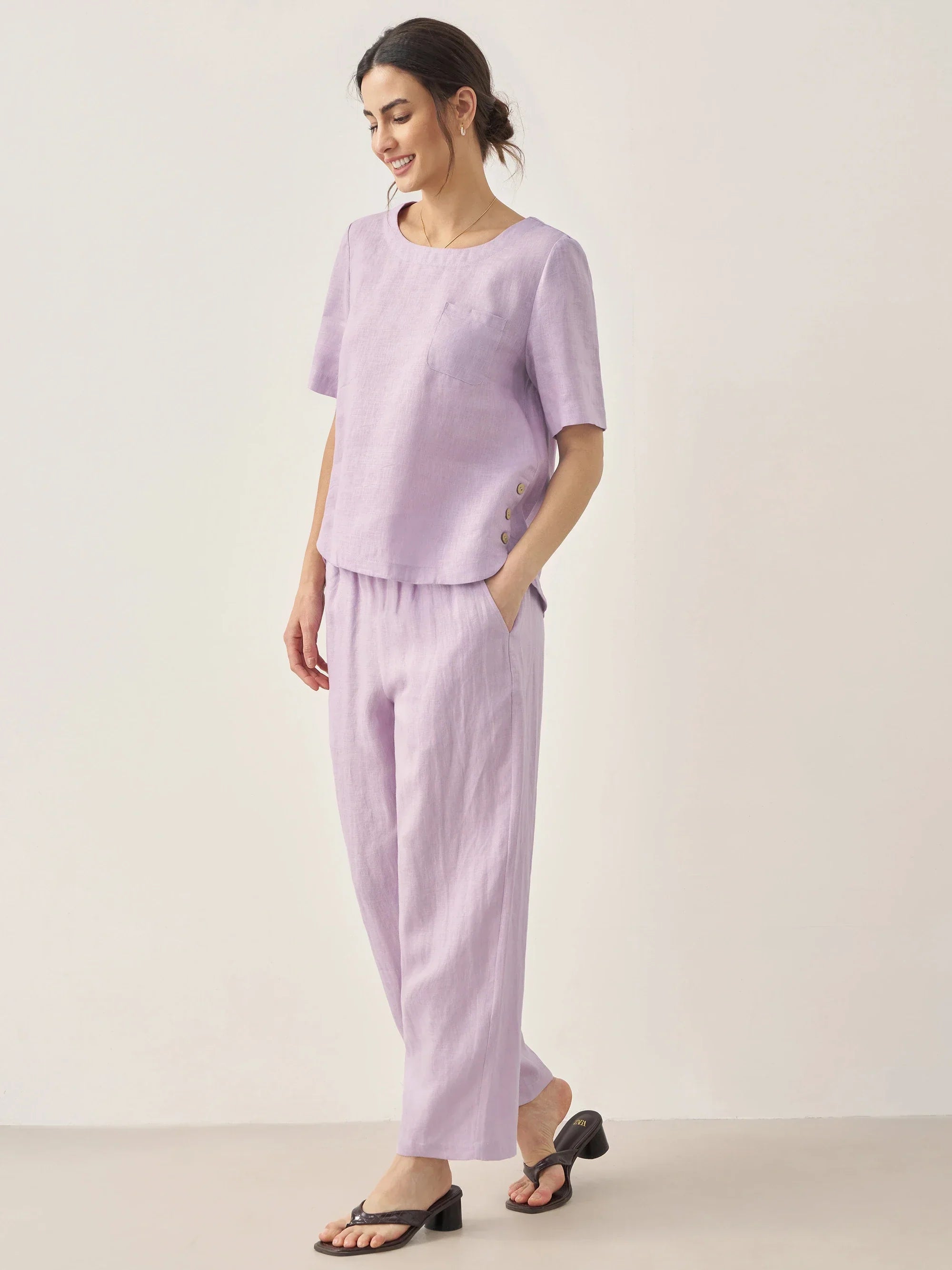 100% Linen Short-Sleeve Round Neck Button Detail Top & Pants Set - SETS-Linen Sets